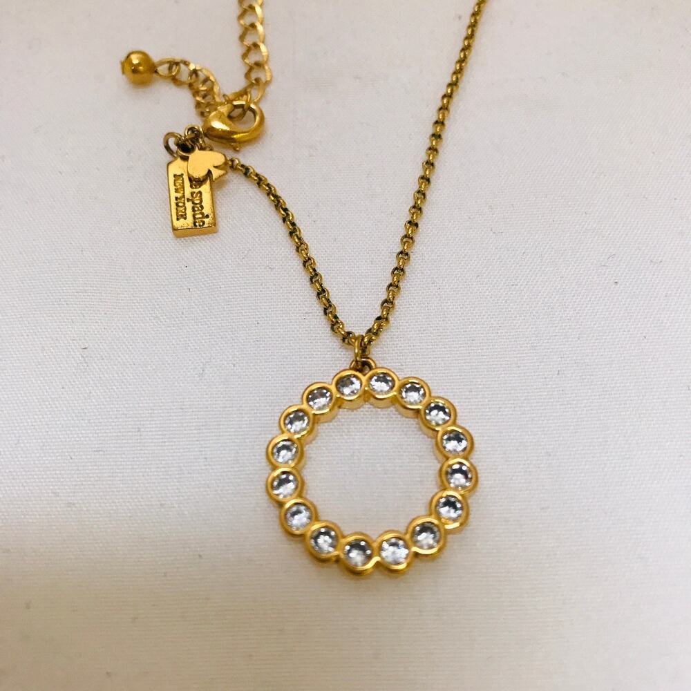 Kate Spade Gold Tone Crystal Circle Pendant Necklace-Signed Kate Spade New York